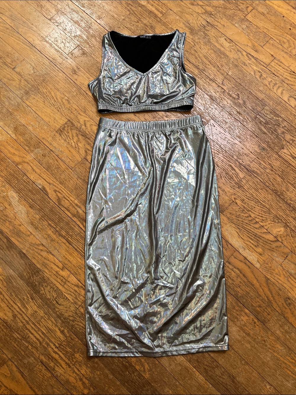 SHEIN Holographic Silver Midi Skirt & Top 2PC